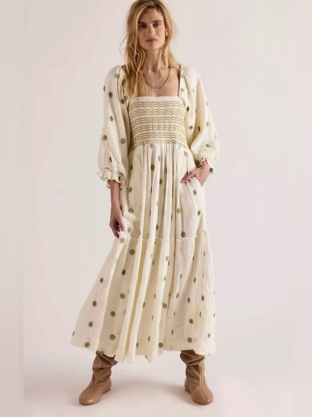 NWT FREE PEOPLE Dahlia Embroidered Maxi Dress | Pastry Combo MSRP $168